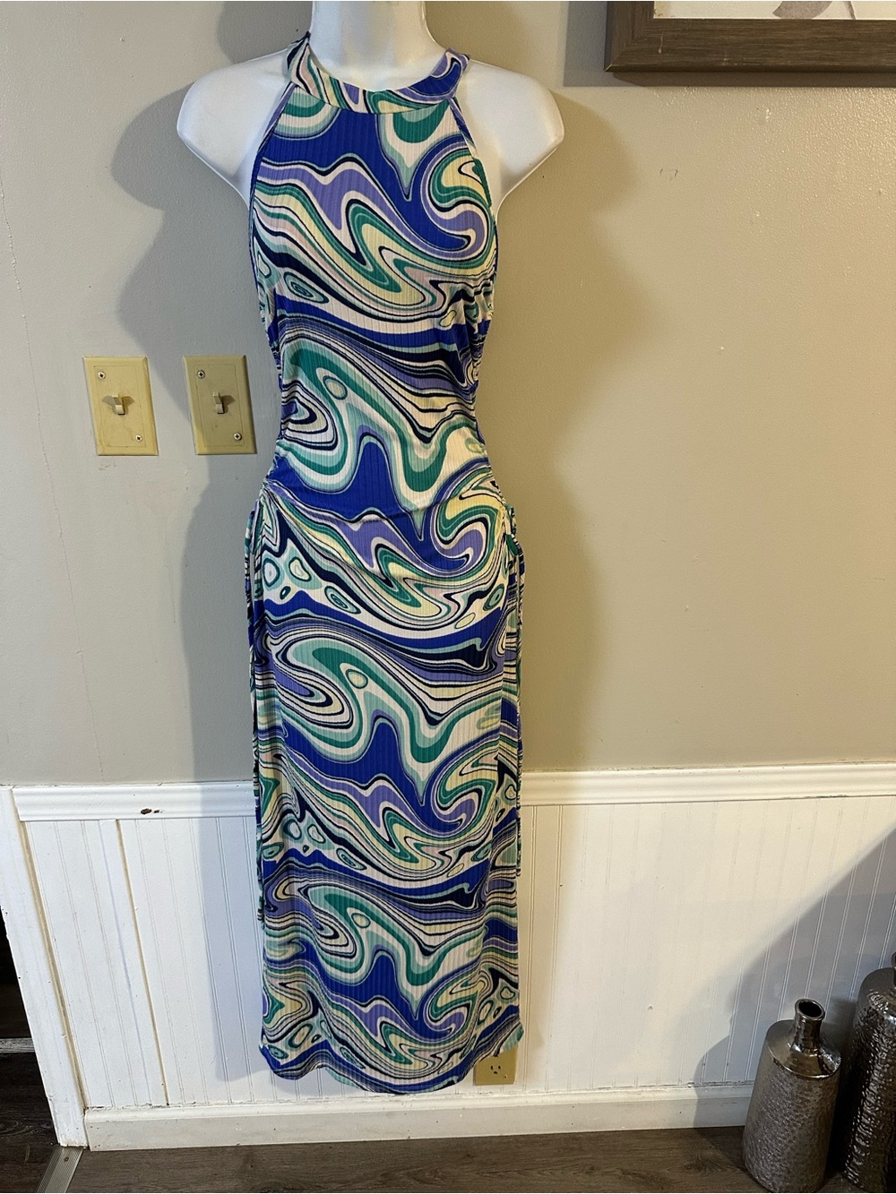 Sleeveless Swirl-Print Maxi Dress in Blue and Green